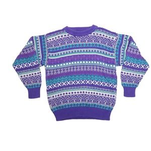 Vintage 90s Alps purple and teal fair isle geometric knit sweater S